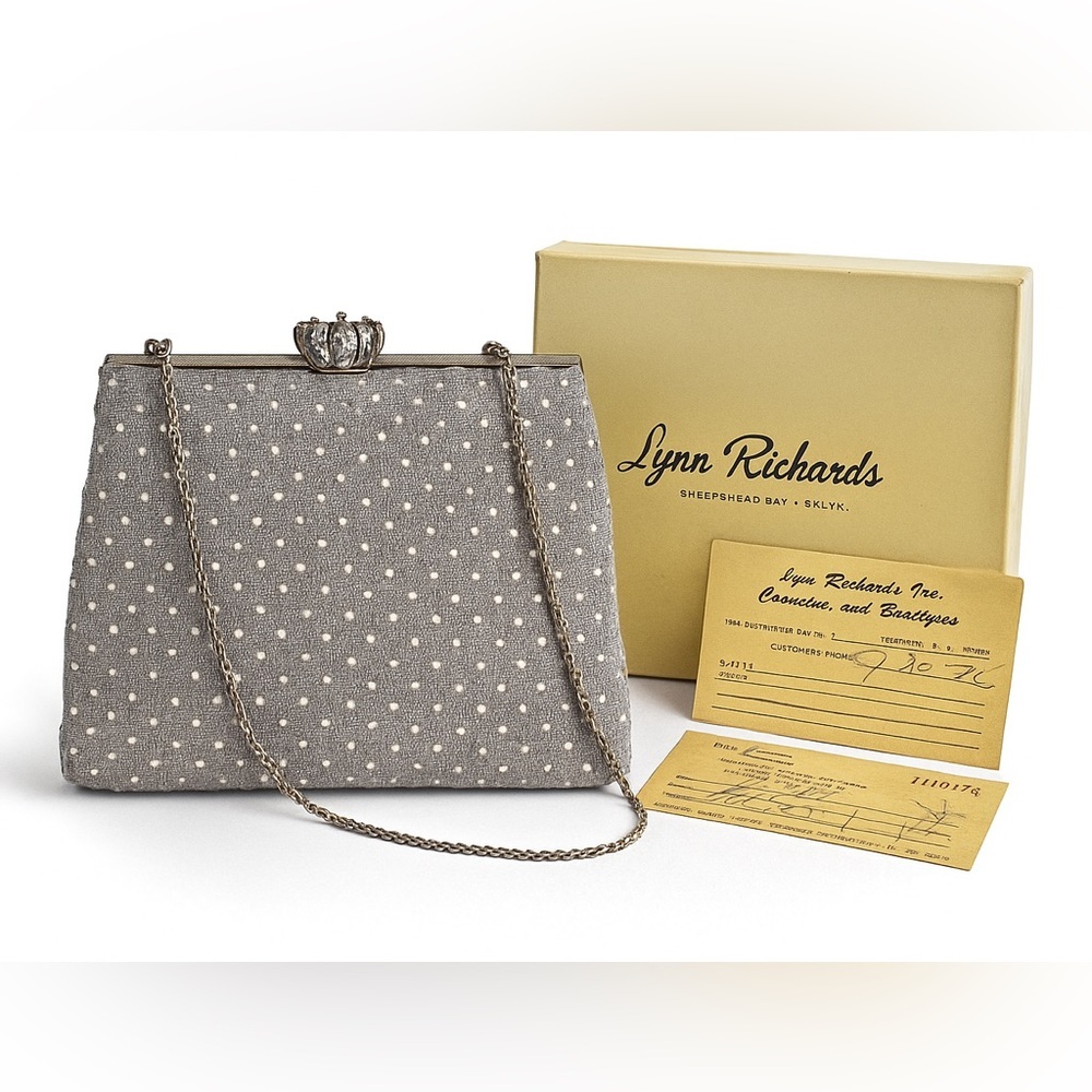 1976 Lynn Richards Rhinestone Evening Purse w/ Original Box Silver Lurex